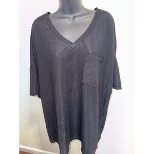 Acelitt Black Women's XXL V Neck pull over Ribbed Top Blouse Short Sleeve Casual